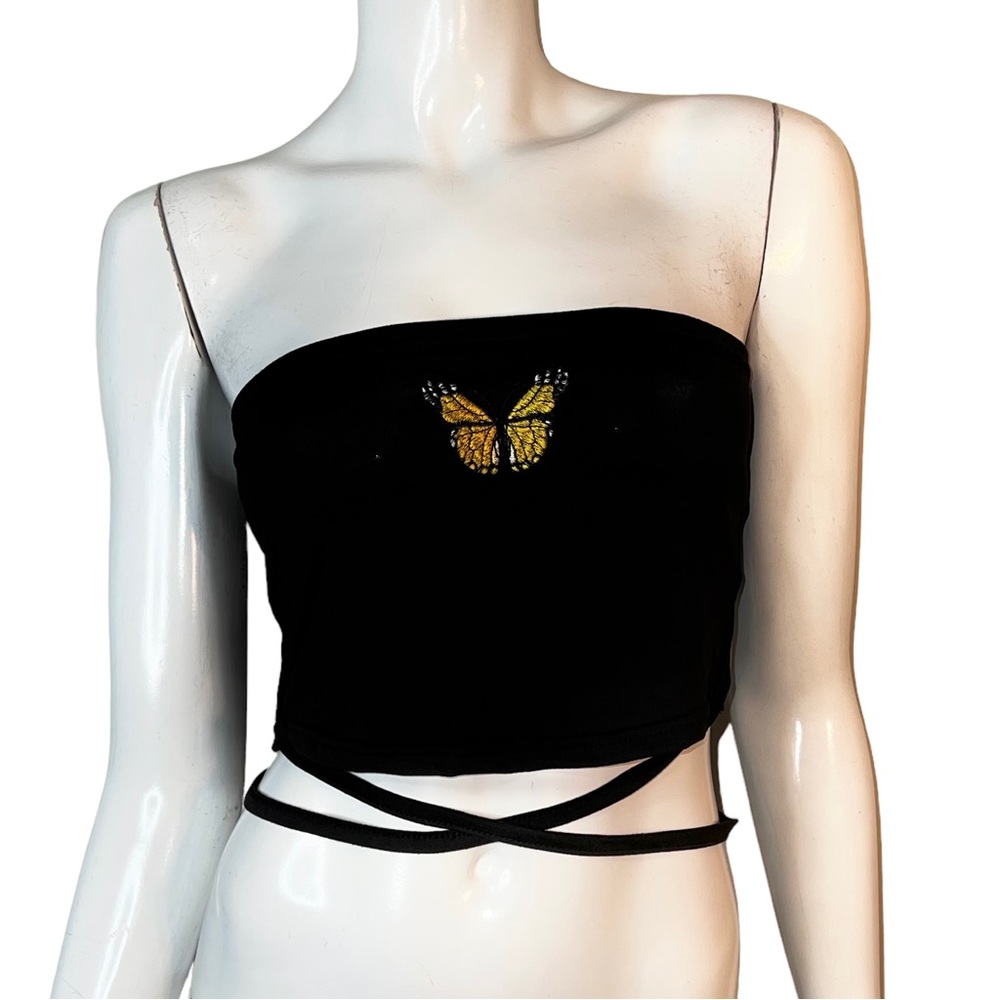 🤑 5/$25 SHEIN Black with Butterfly Patch Strapless Bandeau Crop Top